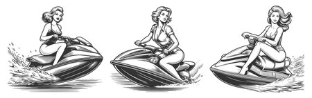 pin-up women riding jet skis across water Set collection bundle sketch engraving vector illustration. Scratch board imitation. Black and white image.のイラスト素材
