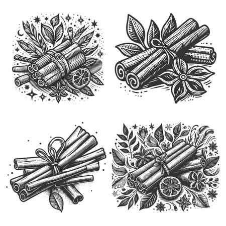 cinnamon sticks surrounded by leaves, citrus slices, and spices Set collection bundle sketch engraving vector illustration. Scratch board imitation. Black and white image.のイラスト素材