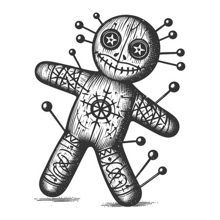 Voodoo Doll sketch engraving fictional character vector illustration. Scratch board imitation. Black and white image.のイラスト素材