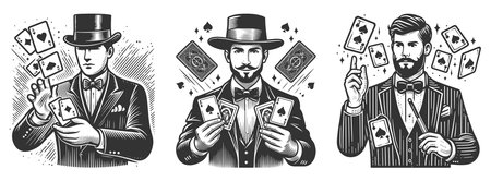 magicians performing card tricks with floating playing cards, wands, and formal attire Set collection bundle sketch engraving raster illustration. Scratch board. Black and white image.の写真素材