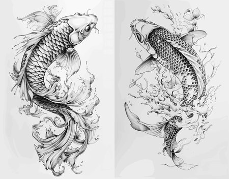 koi fish Set collection bundle sketch engraving raster illustration. Scratch board imitation. Black and white image.の写真素材