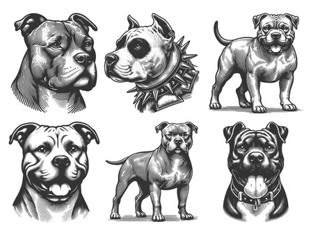 Pit Bull Dog Set collection bundle sketch engraving vector illustration. Scratch board imitation. Black and white image.のイラスト素材