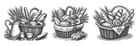 baskets filled with assorted breads, pastries, wheat stalks Set collection bundle sketch engraving vector illustration. Scratch board imitation. Black and white image.のイラスト素材