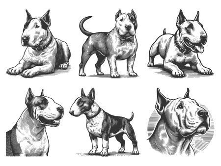 Bull Terrier Dog Set collection bundle sketch engraving vector illustration. Scratch board imitation. Black and white image.のイラスト素材