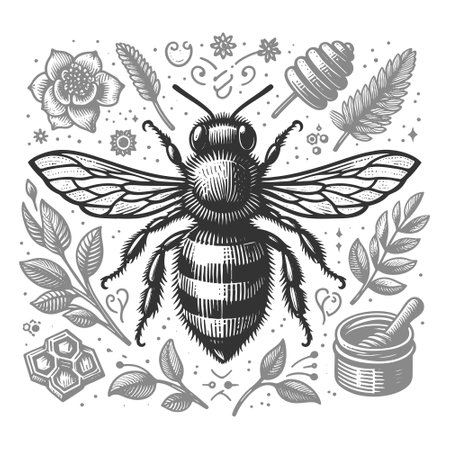 Bee honeybee, intricate linework and detled wing patterns in classic engraving style sketch engraving vector illustration. Scratch board imitation. Black and white image.のイラスト素材