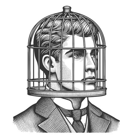 man in a suit trapped inside a birdcage, symbolizing mental confinement, corporate pressure, and lack of freedom sketch engraving generative ai vector illustration. Scratch board. Black and white.の素材