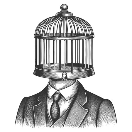 man in a suit trapped inside a birdcage, symbolizing mental confinement, corporate pressure, and lack of freedom sketch engraving raster illustration. Scratch board. Black and white.の写真素材