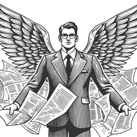 businessman angel with wings and halo moral leadership in business sketch engraving fictional character raster illustration. Scratch board imitation. Black and white image.の写真素材