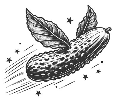 Cucumber pickle flying through stars, symbolizing fantasy, humor, and surreal creativity sketch engraving vector illustration. Scratch board imitation. Black and white image.のイラスト素材