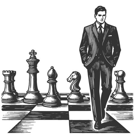 businessman walking among giant chess pieces, symbolizing leadership, planning, and strategic decision making sketch engraving raster illustration. Scratch board. Black and white image.の写真素材
