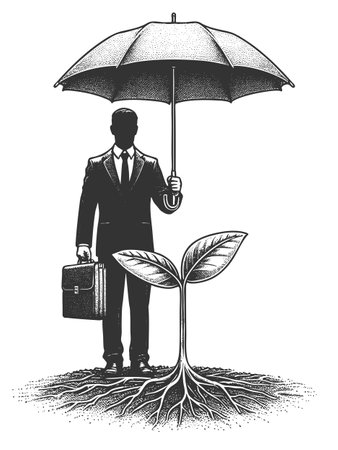 businessman protecting a young plant from rn with an umbrella, symbolizing investment, care, and business growth sketch engraving vector illustration. Scratch board. Black and white.のイラスト素材