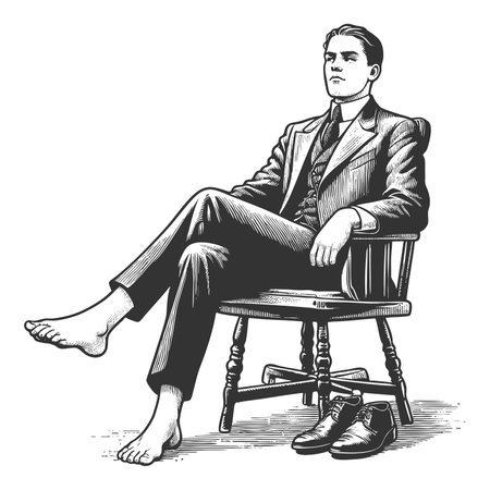 Barefoot businessman sketch engraving fictional character raster illustration. Scratch board imitation. Black and white image.の写真素材