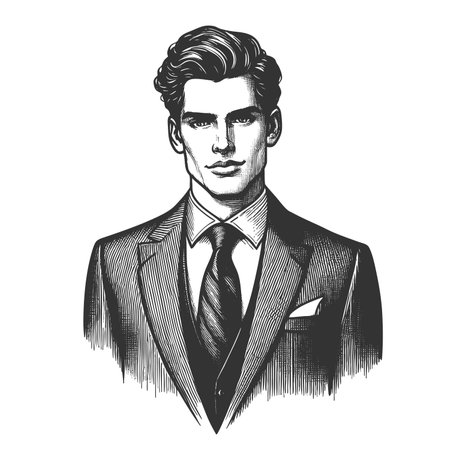 confident young businessman in a suit, featuring stylish hr and a serious expression sketch engraving fictional character raster illustration. Scratch board. Black and white image.の写真素材
