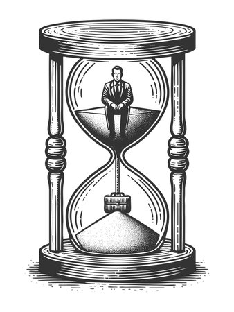 businessman inside an hourglass, symbolizing time pressure, deadlines, and the passage of corporate...