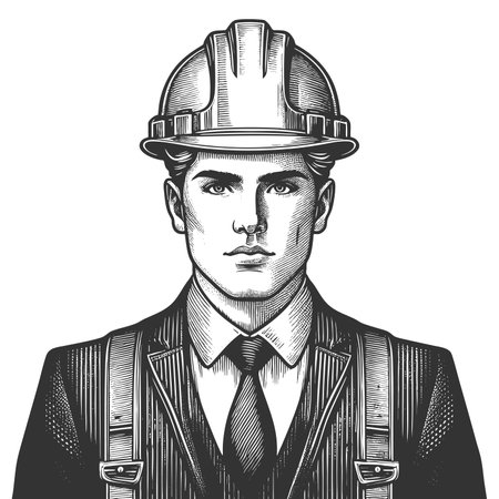Businessman builder developer in hard hat, professional blend of business and construction expertise sketch engraving raster illustration. Scratch board. Black and white image.の写真素材