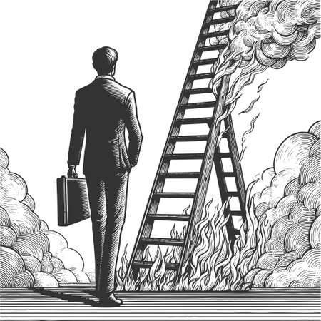 businessman standing before a flaming ladder, symbolizing risk, challenge, and sacrifice on the path to success sketch engraving vector illustration. Scratch board. Black and white.のイラスト素材