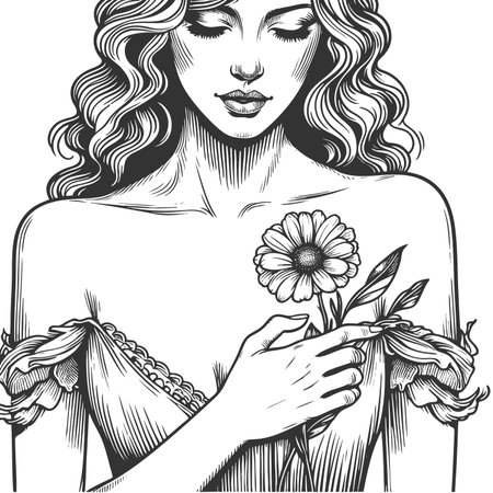 woman holding a flower to her chest, symbolizing love, peace, and inner beauty sketch engraving fictional character raster illustration. Scratch board imitation. Black and white image.の写真素材
