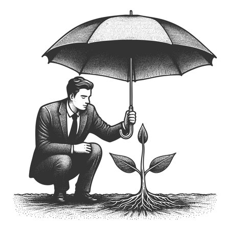 businessman protecting a young plant from rn with an umbrella, symbolizing investment, care, and business growth sketch engraving raster illustration. Scratch board. Black and white.の写真素材