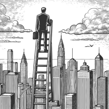 businessman on a tall ladder reaching toward radiant light above a cityscape, ambition, hope, and achievement sketch engraving vector illustration. Scratch board. Black and white.のイラスト素材