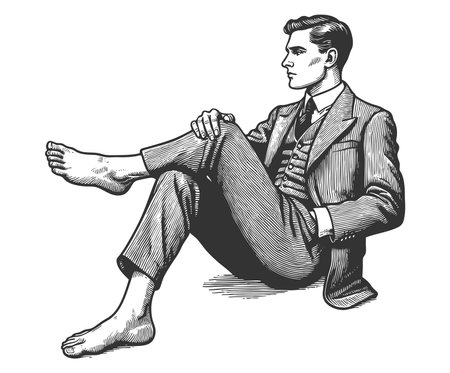 Barefoot businessman sketch engraving fictional character raster illustration. Scratch board imitation. Black and white image.の写真素材