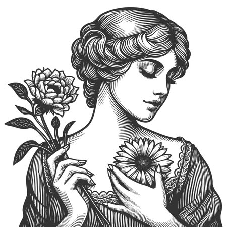 woman holding a flower to her chest, symbolizing love, peace, and inner beauty sketch engraving fictional character raster illustration. Scratch board imitation. Black and white image.の写真素材