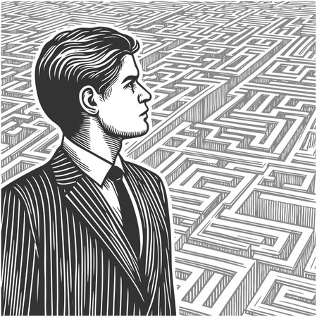 businessman in a suit staring at a vast maze, symbolizing complexity, decision-making, and strategic thinking sketch engraving raster illustration. Scratch board. Black and white image.の写真素材