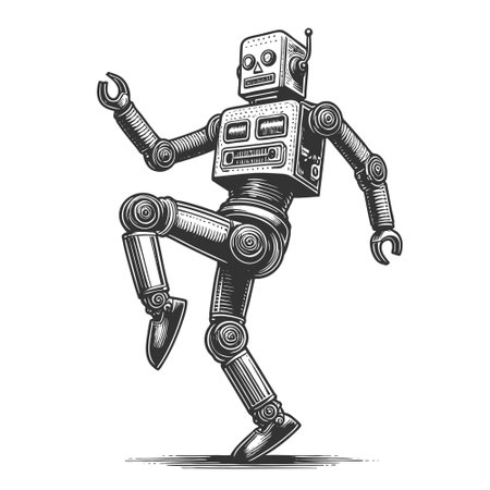 robot dancing joyfully and flashing a peace sign, symbolizing fun, technology, and playful energy sketch engraving vector illustration. Scratch board imitation. Black and white image.のイラスト素材