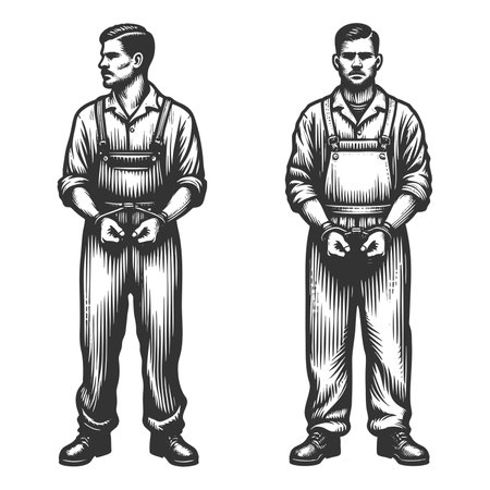 man in overalls standing handcuffed, shown from front and side angles sketch engraving fictional character raster illustration. Scratch board imitation. Black and white image.の写真素材