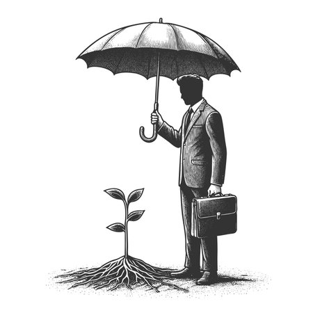 businessman protecting a young plant from rn with an umbrella, symbolizing investment, care, and business growth sketch engraving raster illustration. Scratch board. Black and white.の写真素材