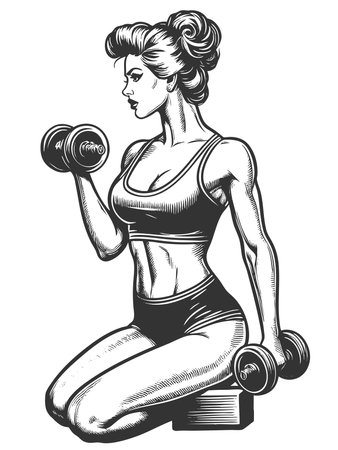 athletic woman kneeling and exercising with dumbbells, symbolizing fitness and health sketch engraving fictional character raster illustration. Scratch board imitation. Black and white.の写真素材