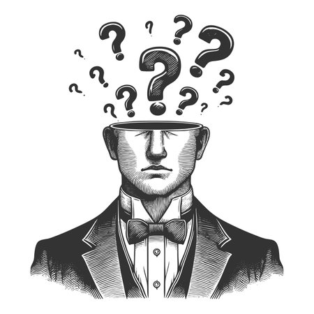 man with an open head and question marks floating out, symbolizing confusion or deep thought sketch engraving raster illustration. Scratch board imitation. Black and white image.の写真素材