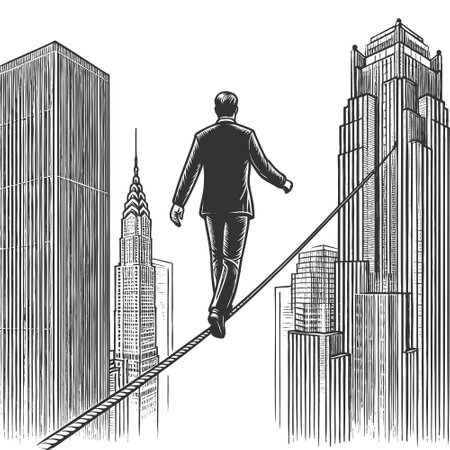 businessman balancing on a tightrope high above a city skyline, symbolizing risk, focus, and career pressure sketch engraving vector illustration. Scratch board. Black and white image.のイラスト素材
