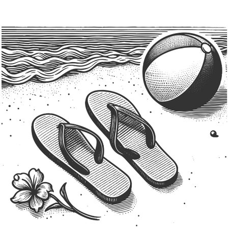 flip flops and a beach ball surrounded by pebbles, evoking summer fun and a relaxed beach vibe sketch engraving vector illustration. Scratch board imitation. Black and white image.のイラスト素材