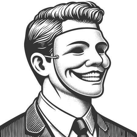 man with a detachable smiling mask, symbolizing deception, duality, and emotional facade sketch engraving fictional character raster illustration. Scratch board. Black and white image.の写真素材