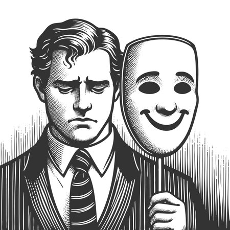 businessman revealing a cheerful mask while showing a somber expression, symbolizing emotional facade and hidden struggles sketch engraving raster illustration. Black and white image.の写真素材