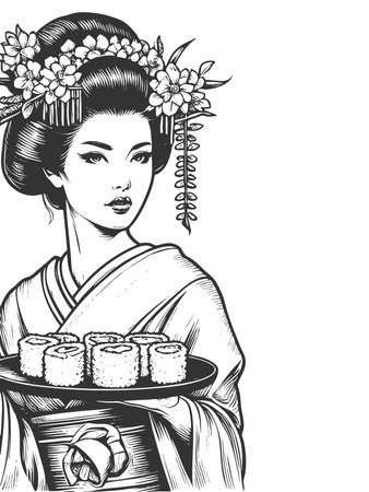 Japanese woman in a kimono holding a tray of sushi rolls, showcasing traditional elegance and cuisine sketch engraving raster illustration. Scratch board imitation. Black and white imageの写真素材