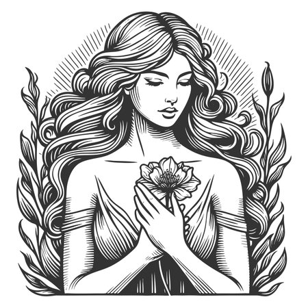woman holding a flower to her chest, symbolizing love, peace, and inner beauty sketch engraving fictional character raster illustration. Scratch board imitation. Black and white image.の写真素材
