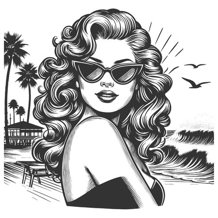 woman in sunglasses with voluminous hr, standing on a boardwalk beside crashing waves sketch engraving fictional character raster illustration. Scratch board. Black and white image.の写真素材