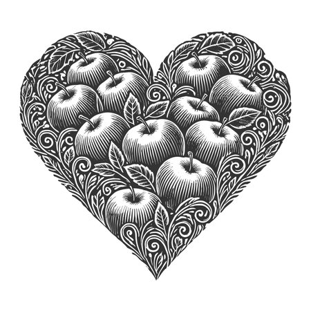 heart-shaped illustration featuring whole apples, sliced apples, and detled leaves, symbolizing nature and harvest sketch engraving raster illustration. Scratch board. Black and white.の写真素材