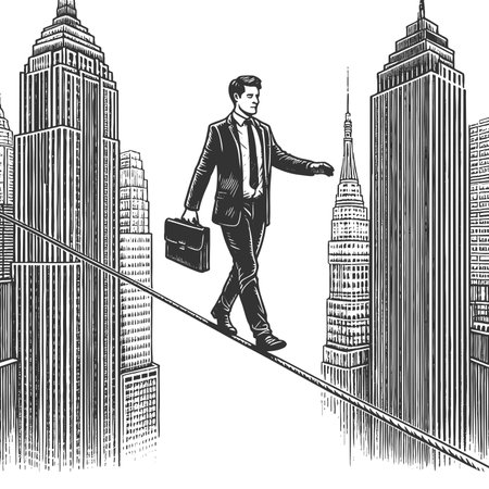businessman balancing on a tightrope high above a city skyline, symbolizing risk, focus, and career pressure sketch engraving raster illustration. Scratch board. Black and white image.の写真素材