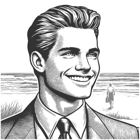 cheerful businessman in a suit, standing on a beach with waves behind him sketch engraving fictional character raster illustration. Scratch board imitation. Black and white image.の写真素材