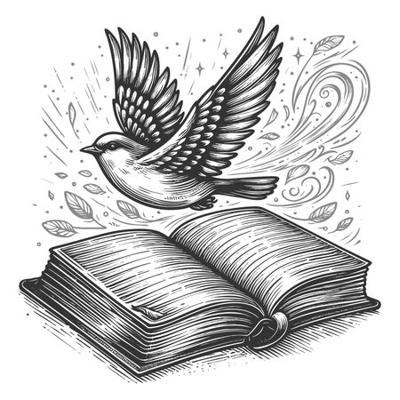 bird soaring from an open book with swirling leaves and sparkles, symbolizing imagination and freedom sketch engraving raster illustration. Scratch board imitation. Black and white.の写真素材