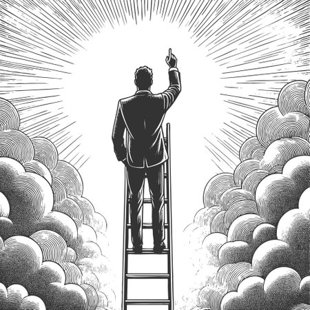 businessman ascending a tall ladder into the sky, symbolizing ambition, aspiration, and reaching for success sketch engraving vector illustration. Scratch board. Black and white image.のイラスト素材