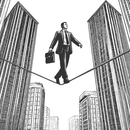 businessman balancing on a tightrope high above a city skyline, symbolizing risk, focus, and career pressure sketch engraving raster illustration. Scratch board. Black and white image.の写真素材