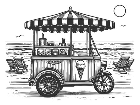ice cream cart on the beach, with lounge chrs, ocean waves, and a sunny sky in the background sketch engraving vector illustration. Scratch board imitation. Black and white image.のイラスト素材