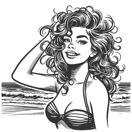 cheerful woman in a bikini by the ocean, symbolizing summer, beauty, and carefree joy sketch engraving fictional character raster illustration. Scratch board. Black and white image.の写真素材