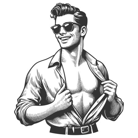 man wearing sunglasses and confidently unbuttoning his shirt with a broad smile sketch engraving fictional character raster illustration. Scratch board imitation. Black and white image.の写真素材
