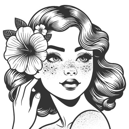 beautiful freckled woman with wavy hr and a hibiscus flower sketch engraving fictional character raster illustration. Scratch board imitation. Black and white image.の写真素材