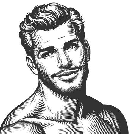 smiling man with styled hr, symbolizing charm, confidence, and classic masculinity sketch engraving fictional character raster illustration. Scratch board. Black and white image.の写真素材