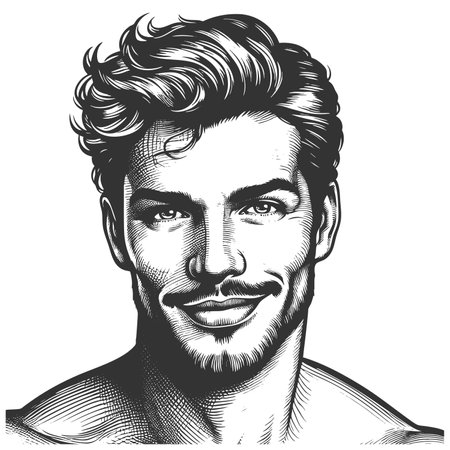 smiling man with styled hr, symbolizing charm, confidence, and classic masculinity sketch engraving fictional character raster illustration. Scratch board. Black and white image.の写真素材